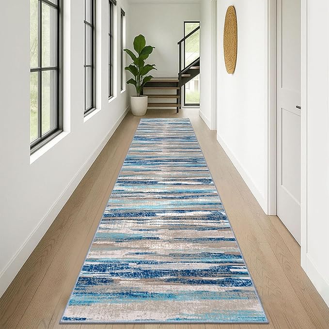 Modern Abstract Runner Rug 3x12, Blue Washable Long Kitchen Runner Non-Slip Soft Hallway Rug Runner Thin Print Faux Wool Carpet for Entryway Bedroom Laundry Room Indoor Home Decor