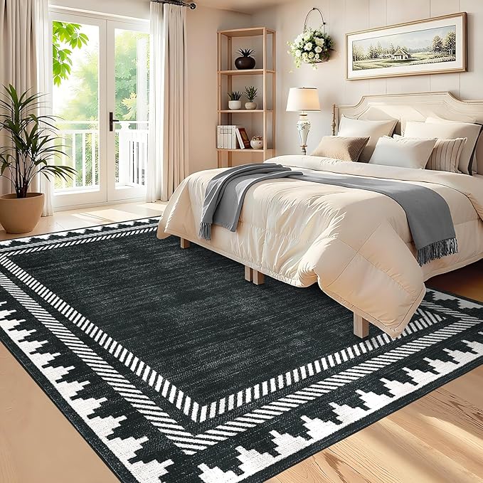 Modern Low Pile Non Slip 5x7 Machine Washable Living Room Area Rug Foldable Modern Geometric Soft Floor Carpet Geometric Bordered Stain Resistant Indoor Rug with Rubber Back, Black
