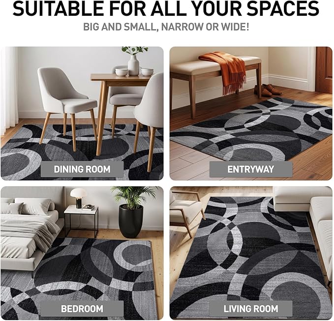 Rugshop Gray Modern Geometric Runner Rug, Abstract Circles, High-Traffic, Non-Shedding, for Hallway, Entryway and Kitchen, 2' x 10'