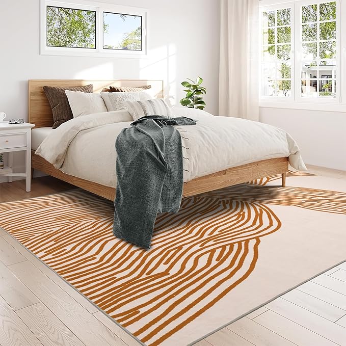 YIHOUSE Orange Rug for Living Room, 5×7 Modern Abstract Area Rug, Geometric Contemporary Wave Striped Rugs for Playroom Nursery, Washable Nonslip Large Rug for Bedroom Dining Room