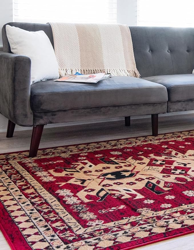 Unique Loom Taftan Collection Border Geometric Tribal Inspired Design Area Rug (8' 0 x 10' 0 Rectangular, Red/ Gold)