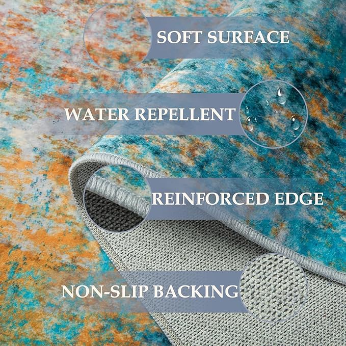 Washable Area Rugs 2'x6' Non-Slip Modern Abstract Soft for Living Room Entryway Bedroom Nursery, Print Pattern, Teal Blue Green Orange Rust Red Coloreful