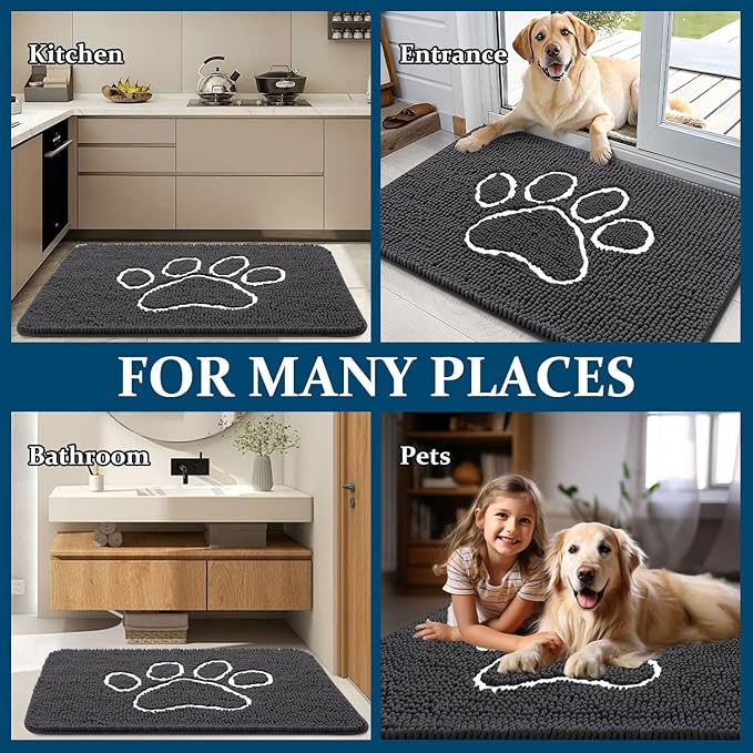 OLANLY Dog Door Mat for Muddy Paws 47x24, Paw Print Design, Absorbs Moisture and Dirt, Absorbent Non-Slip Washable Doormat, Quick Dry Chenille Mud Mat for Dogs, Entry Indoor Entryway Carpet, Dark Grey