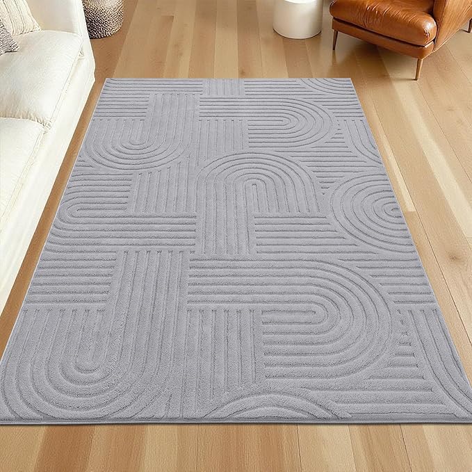 SHACOS Soft Cozy Fluffy Arch Pattern High Low Pile Rugs 3'x5' Non Slip Washable Scandinavian Minimalist Rug Modern Geometric Arc Carpet for Living Room Bedroom Dining Room, Light Grey
