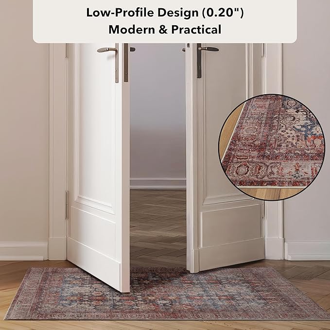 Kuden 4x6 Area Rug, Machine Washable Area Rug with Non-Slip Backing, Vintage Style, Soft, Easy Clean, Low Pile Rug for Living Room, Bedroom, Dining Room