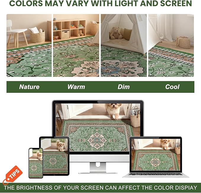 2' x 3' Green Washable Area Rugs, Non-Slip Entryway Rug, Boho Low Pile Door Mat Indoor Entrance, Floral Medallion Pattern Vintage Rugs for Kitchen Bedroom Bathroom Laundry Living Room Farmhouse