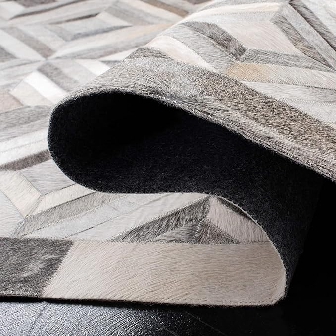 Premium Diamond Pattern Leather Area Rug, Geometric Cowhide Patchwork Carpet - 8X10 ft, Luxury Beige and Grey Non-Slip Floor Accent for Dining Room, Living Room, Hallway