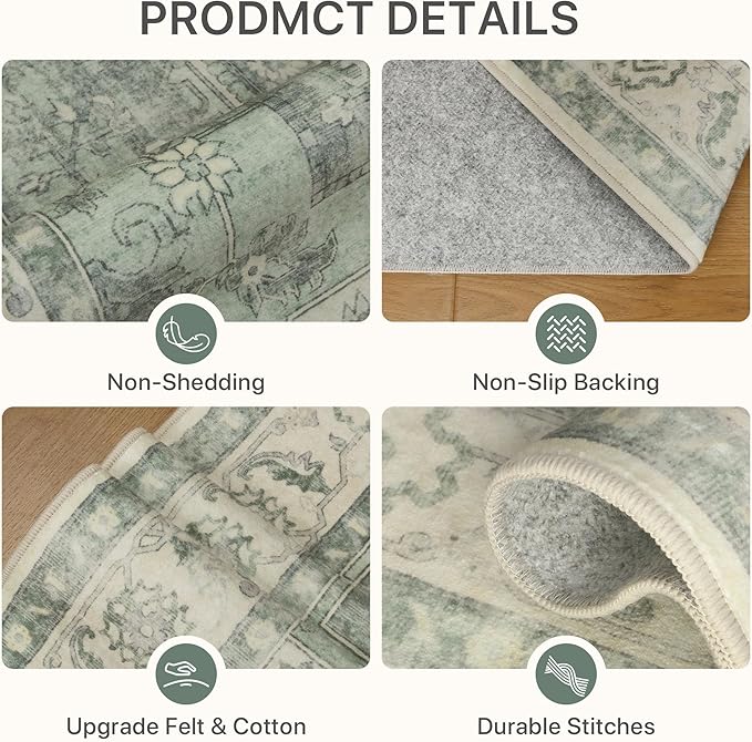 Runner Rug 2'6''x6 Non Slip Machine Washable Vintage Hallway Runner Rug, Low PileLight Weight Rugs for Entryway, Hallway, Kitchen and Corridor, Green