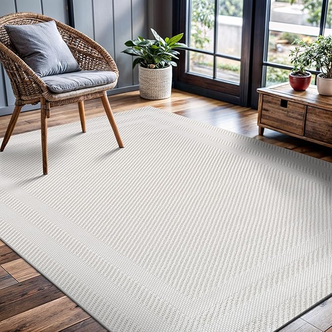 CAMILSON Micro Loop Rug 6x9 Modern Luxury Bordered Area Rugs Soft High and Low Pile Stain Resistant Easy-Cleaning Non-Shedding for Living Room Office Indoor Carpet (6 x 9 / White)