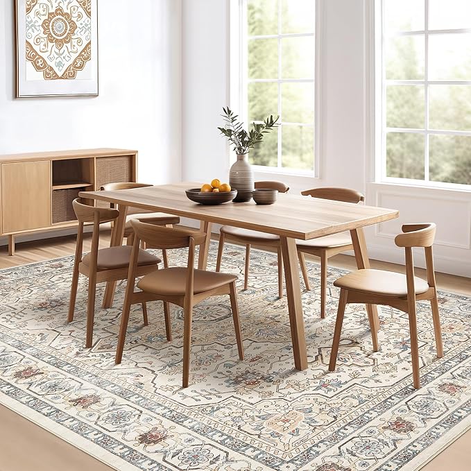 5x8Ft Area Rug Living Room: Washable Boho Large Neutral Vintage Soft Rugs Stain Resistant Farmhouse Non Slip Indoor Floor Carpet for Bedroom Nursery Kids Playroom Office Dining Room- Cream Blue