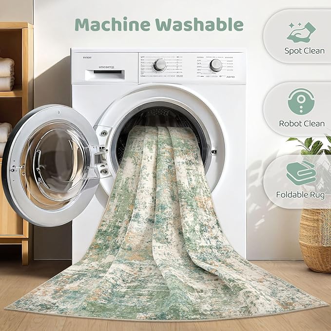 6x8 Area Rug Living Room: Washable Large Abstract Soft Green Rug Stain Resistant Indoor Floor Non-Slip Accent Carpet for Men Modern Home Enthusiasts Aged 25-45 - Bedroom Office Playroom