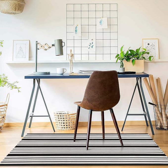 KOZYFLY Black and White Striped Porch Runner Rug 2x4.3 Ft Washable Outdoor Rug Farmhouse Outdoor Doormats Double Front Door Rug Striped Runner for Front Door Kitchen Hallway Bathroom