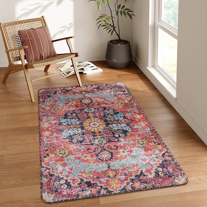 Lahome Bohemian Floral Medallion Area Rug - 3x5 Hot Pink Rug for Girls Room Front Entry Mat, Non-Slip Machine Washable Soft Throw Carpet for Bathroom Apartment Entrance Laundry, Fuchsia/Multi