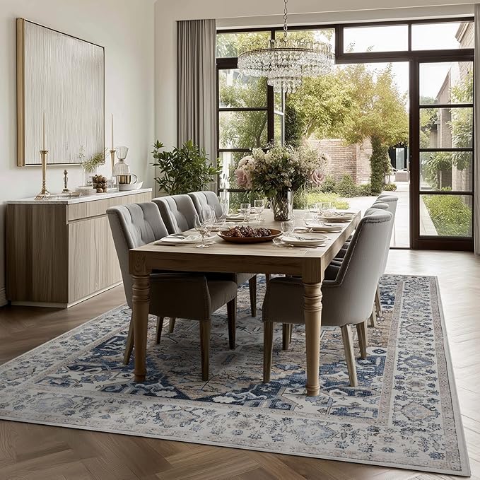 Washable Rugs 5x7 Area Rugs for Living Room, Thin Carpet for Bedroom, Soft Faux Wool Retro Dining Room Rug，Non Slip&Non-Shedding Resistant Low Pile Vintage Print Rug for Home Office (Taupe/Blue)