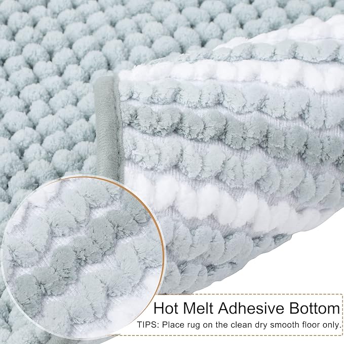 PiccoCasa Chenille Bathroom Rug, Soft Fluffy Absorbent Bath Mat, Medium Pile Striped Carpet Washable Non Slip Bathroom Floor Mats(20"x32",Light Blue & White)