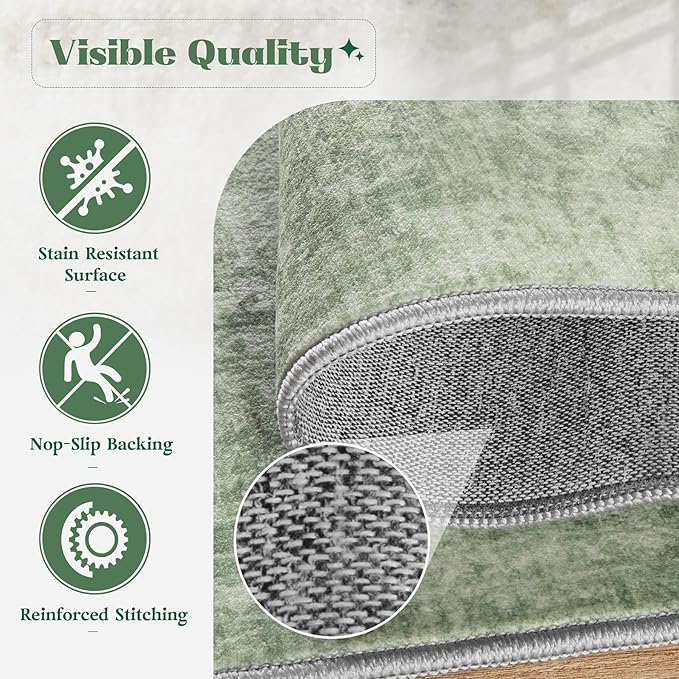 Area Rug 8x10 Washable Rug, Vintage Boho Medallion Rugs Non-Slip Soft Low Pile Large Distressed Rug Indoor Retro Carpet for Living Room Bedroom Dining Room Home Office (Sage Green, 8'x10')