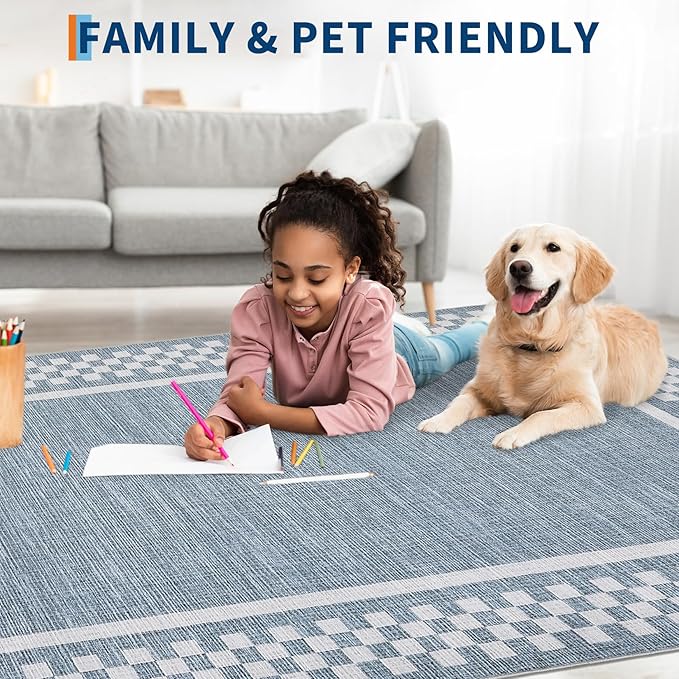 Rug Runners for Hallways 2x8 Washable Kitchen Runner Rug Non Slip Low Pile Bedside Throw Carpet Modern Bordered Bathroom Runners Checkered Area Rug for Living Room Bedroom Entryway Nursery, Blue