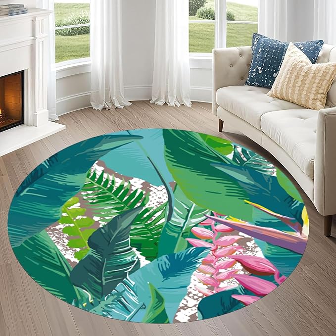 Tropical Leaves Round Rug 7ft - Machine Washable Non-Slip Circular Floor Mat, Short Pile Soft Rug for Living Room, Bedroom, Nursery in Green & Pink Botanical Design