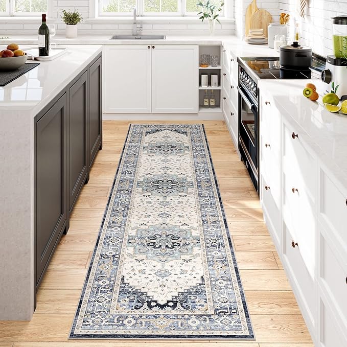 Dripex Hallway Runner Rug 2x10, Washable Rug Kitchen Rug Non Slip with Rubber Backing Soft Thin Vintage Carpet Runner for Entryway Bedroom Bathroom Laundry Room Living Room Decor, Teal Multi