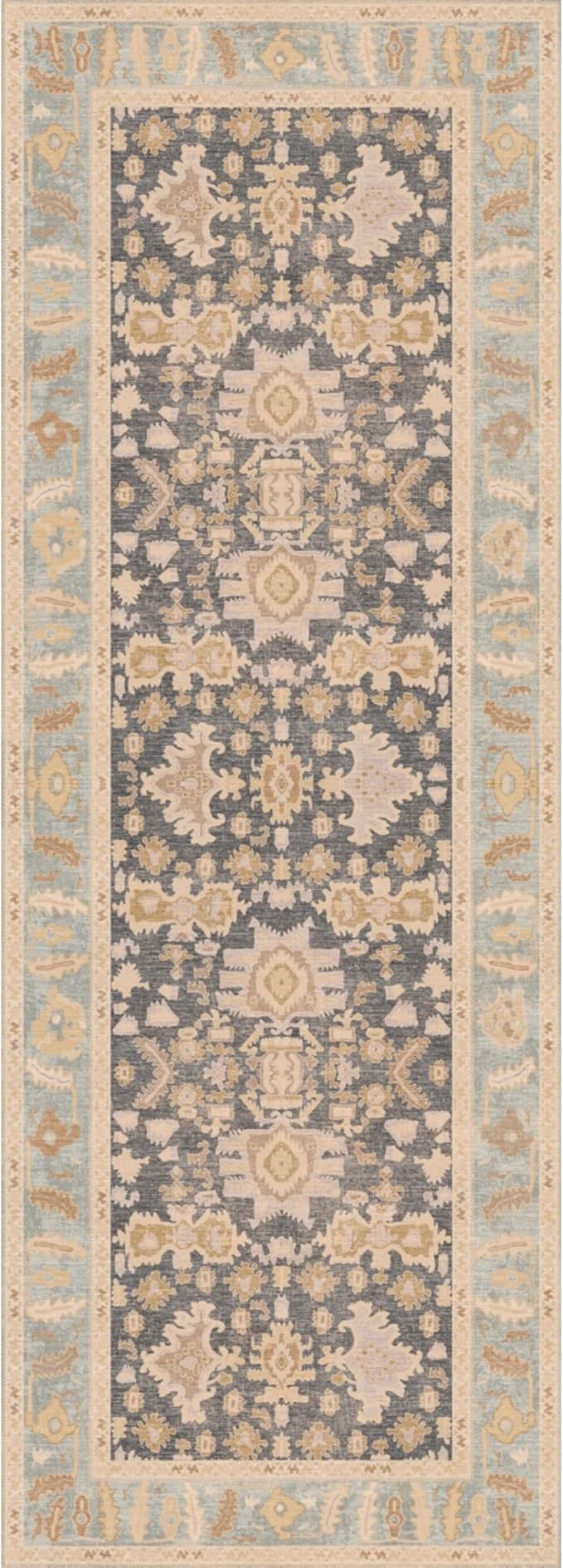 Kuden 2'6"x12 Runner Rug, Machine Washable Area Rug with Non-Slip Backing, Vintage Style, Soft, Easy Clean, Low Pile Rug for Hallway, Entryway, Kitchen, Bedroom