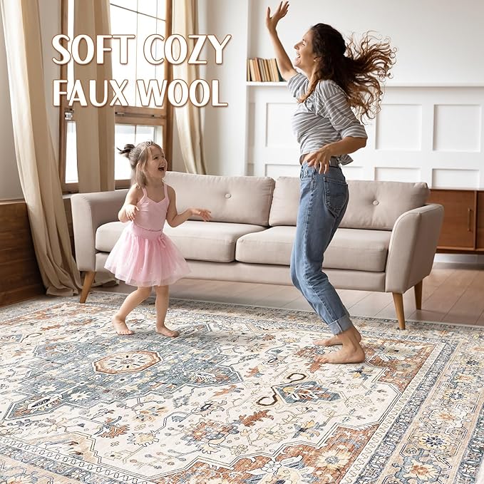 7x10 Area Rug Living Room: Washable Boho Large Neutral Vintage Soft Rug Stain Resistant Distressed Farmhouse Non-Slip Indoor Floor Carpet for Bedroom Nursery Kids Office Dining Room- Beige Blue