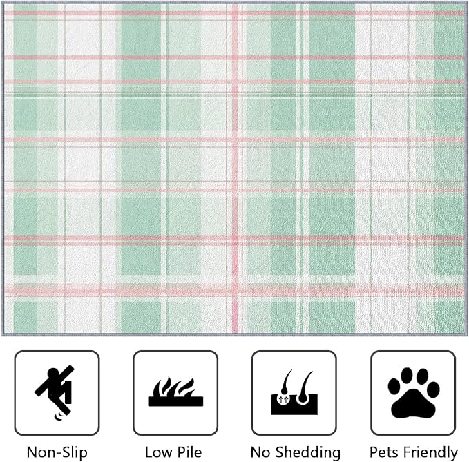 Plaid Large Area Rug - 7x10 Rug - Mint Green Tartan Gingham Rugs for Living Room Non Slip Low Pile Machine Washable Area Rugs, Plaid Carpets Home Decor & Gifts