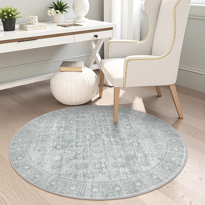 LIVEBOX Washable Area Rug 4ft Boho Round Rug Traditional Rugs for Bedroom, Ultra-Thin Retro Carpet Grey Print Distressed Accent Circle Rugs for Nursery Room Entryway Foyer