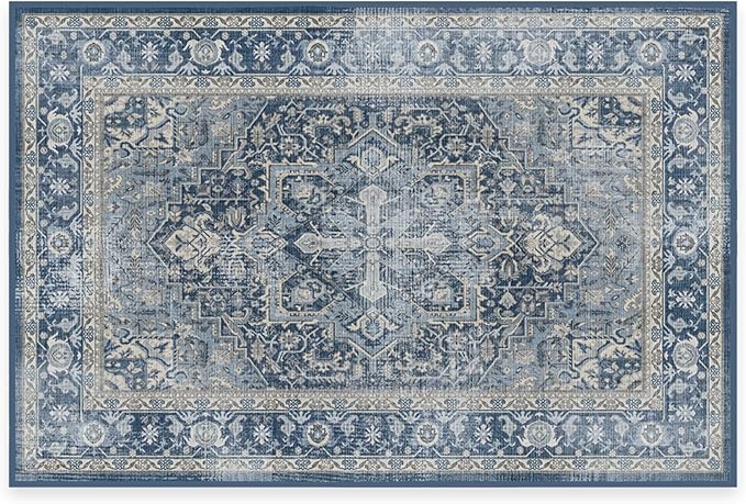 RUGGABLE Washable Area Rug – Kamran Admiral Blue 2x3, Stain-Resistant, Non-Slip – Small Machine Washable Rugs for Living Room, Bedroom, Hallway, Entryway & Bathroom–with Standard Pad