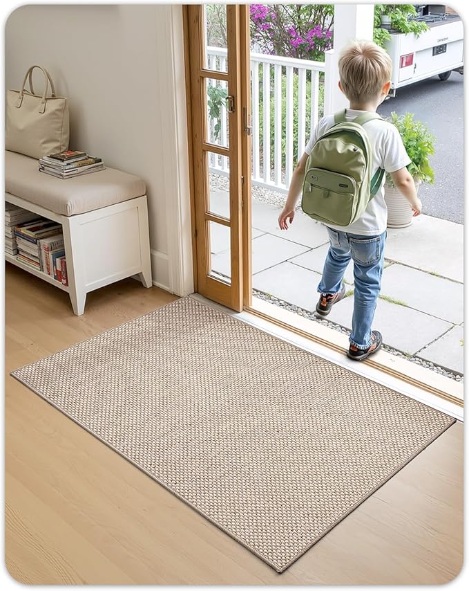 Color&Geometry Ultra-Thin Indoor Door Mat, 22.6"x31.5" Low-Profile Non-Slip Entryway Rug with Modern Geometric Texture, Washable Doormat for Entrance, Front Doors, Khaki (Rolled-up NO Creases)