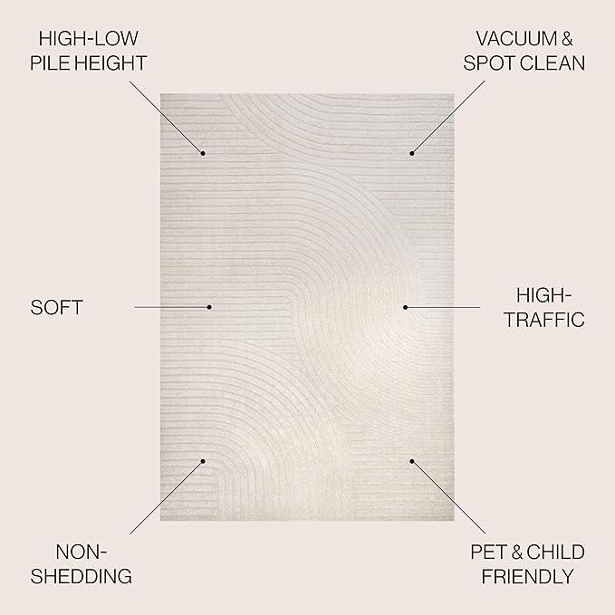 JONATHAN Y Hallie High-Low Curve Ivory/Cream Indoor/Outdoor Area Rug, 6x9, Minimalist, Pet Friendly, Non-Shedding, Stain Resistant, Hose-Washable for Backyard, Patio, Porch (SCN100B-6)