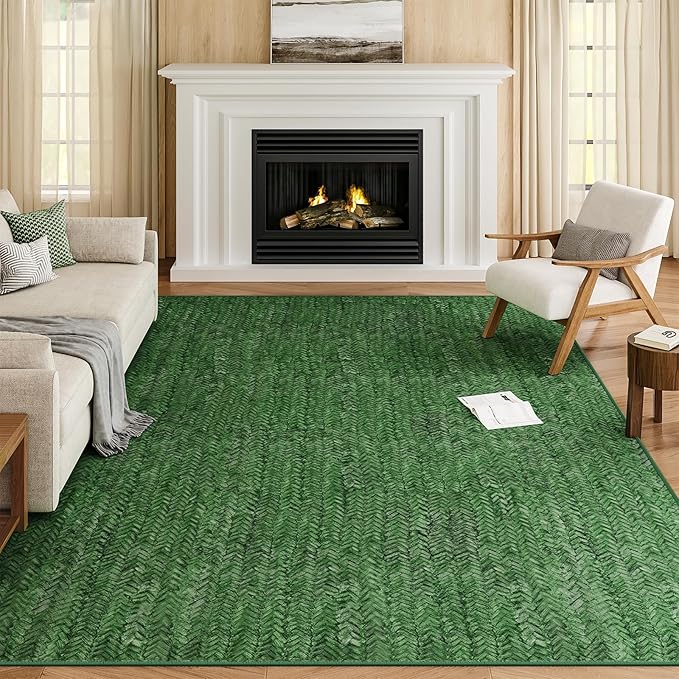 Eleisa Modern Vintage 10x14 Herringbone Chevron Area Rug, Non-Slip Stain Resistant Washable Rug, Green Large Rug for Living Room, Farmhouse Carpet for Bedroom, Kitchen, Dining Room, Home Office