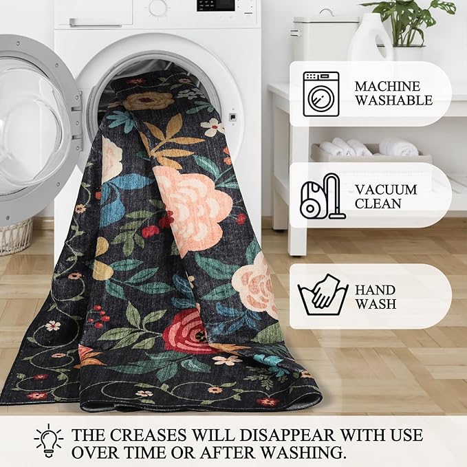 DUKINO 8x10 Area Rug, Floral Rugs for Living Room, Lightweight Non Slip Washable Rug, Indoor Low Pile & Non-Shedding Boho Design Rugs for Bedroom, Living Room, Dining Room, Black