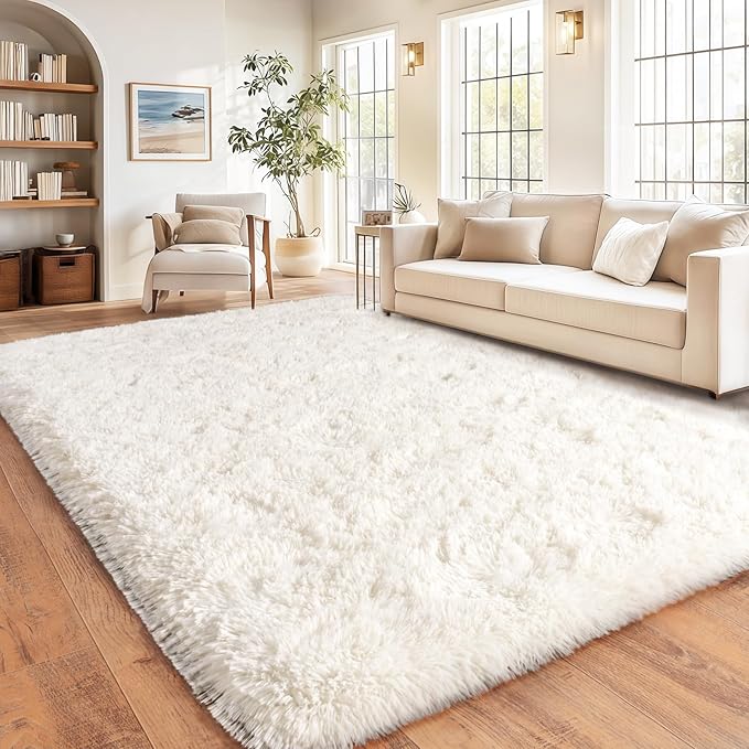 Cream White Plush Rug for Living Room Fuzzy Carpet for Bedroom Dorm, Non-Slip High Pile Rug, Shag Rug for Playroom Nursery Home Office Decor 9X12 Ft