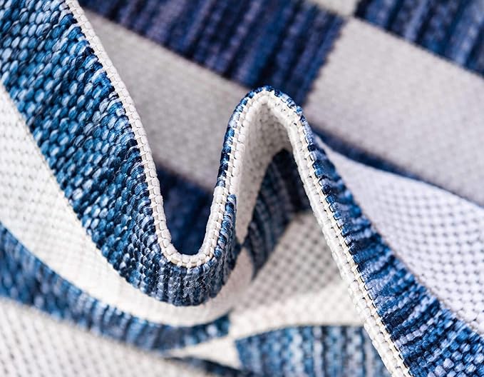 Unique Loom Outdoor Striped Collection Area Rug - Striped (4' 1" Round, Blue/Ivory)