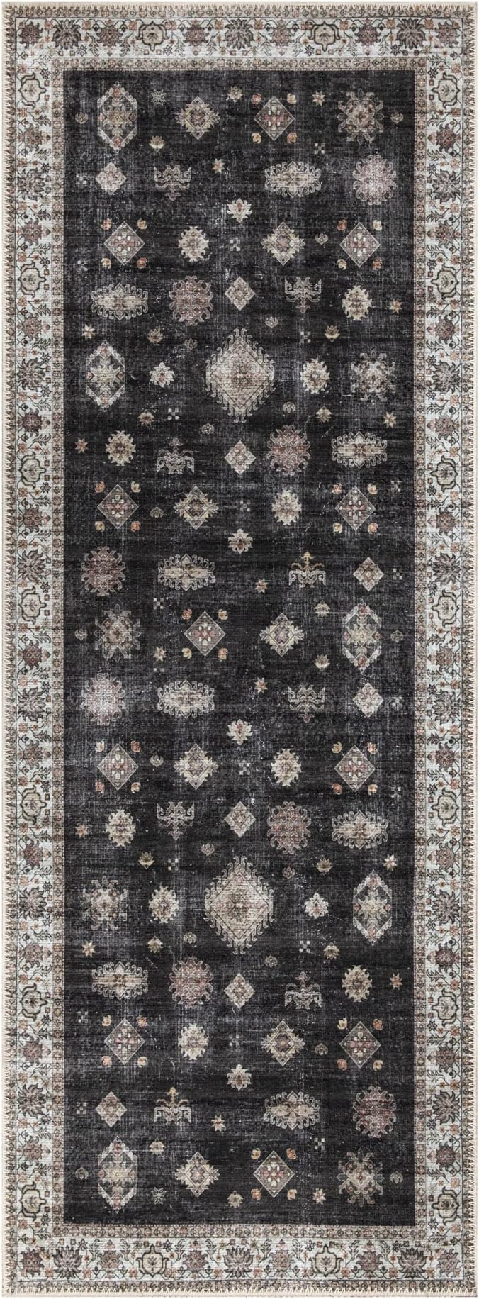 Bloom Rugs Washable Non-Slip 10 ft Runner - Black/Ivory Traditional Runner for Entryway, Hallway, Bathroom, and Kitchen - Exact Size: 2.5' x 10'