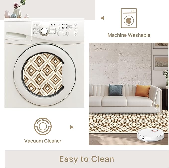 Bavni Hallway Runner Rug Machine Washable, 2x5 Non Slip Lightweight Washable Runners, Moroccan Checkered Rug for Entryway Laundry Kitchen Bathroom Corridor Bedside, Yellow Brown