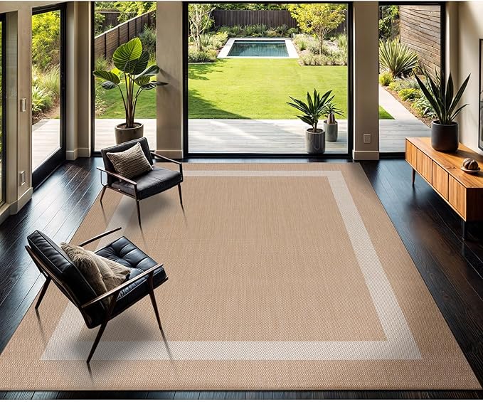 CAMILSON Outdoor Rug 10x14, Large Modern Outside Rugs for Patios Porches Waterproof Durable Washable Non-Shedding, Easy-to-Clean Indoor/Outdoor Area Carpet (10 x 14, Bordered - Beige/White)