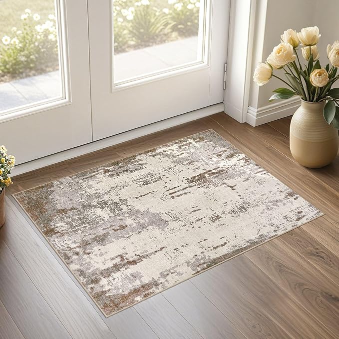 2x3 Entryway Area Rug: Washable Neutral Modern Abstract Small Rug - Non-Slip Low Pile Throw Indoor Carpet for Entrance Kitchen Front Door Mat Bathroom Entry Kids Room - Brown/Grey/Beige