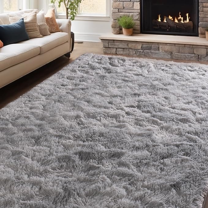 Zentavio Grey and White Area Rugs for Living Room Large Men Room Carpet 8x10 Bedroom Fluffy Furry Shag Aesthetic Plush High Pile Floor Rug for Kids Room Dorm Home Decor Tie-Dyed