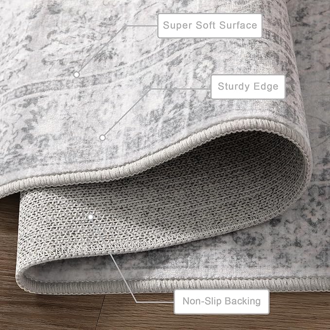 LIVEBOX Washable Area Rug 5x7 Large Boho Living Room Rug Vintage Grey Rugs for Bedroom, Lightweight Retro Carpet Floral Accent Rugs for Nursery Room High Traffic Area