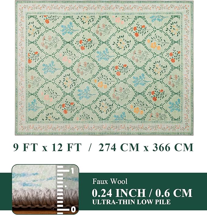 YIHOUSE Green Floral Print Rugs, Moroccan Trellis 9x12 Washable Large Rug, Modern Pastel Non Slip Ultra-Thin Area Rug for Classroom, Nursery Playroom,Dorm,Bedroom,Living Room, Green Multi