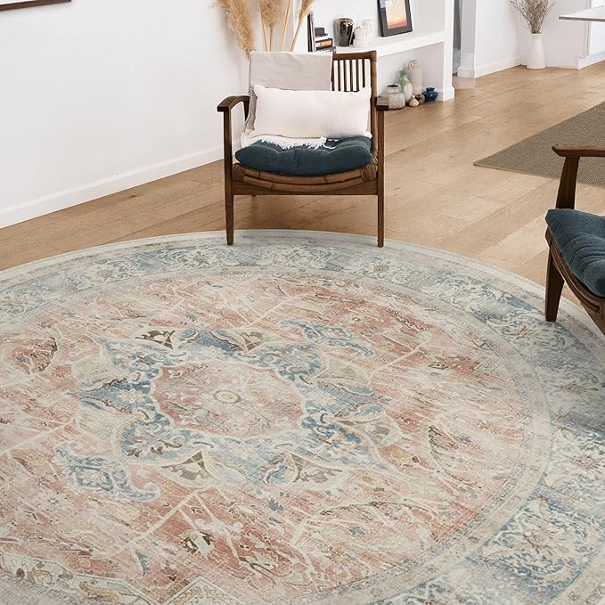 RUGGABLE Washable Vintage Area Rug – Sarrah Coral 6 ft Round, Stain-Resistant, Non-Slip – Medium Machine Washable Rugs for Living Room, Bedroom, Hallway, Entryway & Office–with Standard Pad