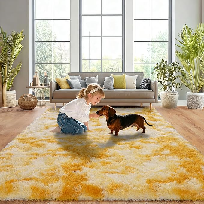 Upgrade Non-Slip Plush Rugs for Living Room, Soft Shaggy Carpets for Living Room, Fuzzy Rugs for Kids' Room, Perfect Decor for Modern Home Tie Dye Yellow 5x7Feet
