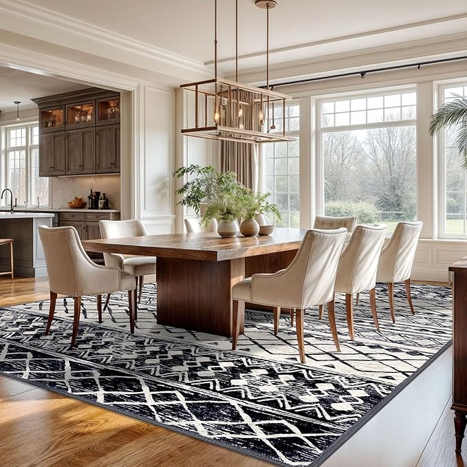 KUTA Moroccan Area Rugs 9x12 Living Room Black Navy Blue, Large Washable Boho Rug Non-Slip, Ultra Soft Geometric Tribal Traditional Farmhouse Carpet for Dining Bedroom Dorm Office Home