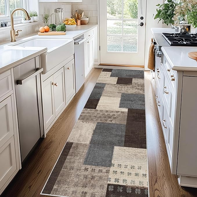 Modern Geometric Patchwork Indoor Runner Rug for Living Room, Blue-Taupe 2.7'x 8' Rug Rockwood Collection Hardwood Floors Decor for Bedroom, Blue Throw Carpet for Office Entryway Dining Room