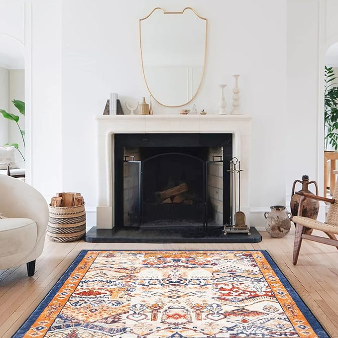 Phantoscope Washable Area Rug 4'x6' Non-Slip, Vintage Boho Rugs for Living Room, Bedroom, Dining Room, Distressed Persian Market Pattern, Low-Pile Foldable Floor Carpet, Navy/Orange