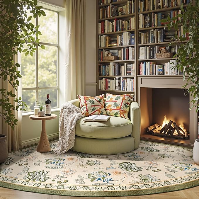 jinchan Elora Floral Corner Rug for Living Room Washable Bedroom Rug Vintage Romance Design Non Slip Quarter Circle Lightweight Low-Pile Throw Carpet for Reading Nook Playroom,7ft Radius, Green/Beige