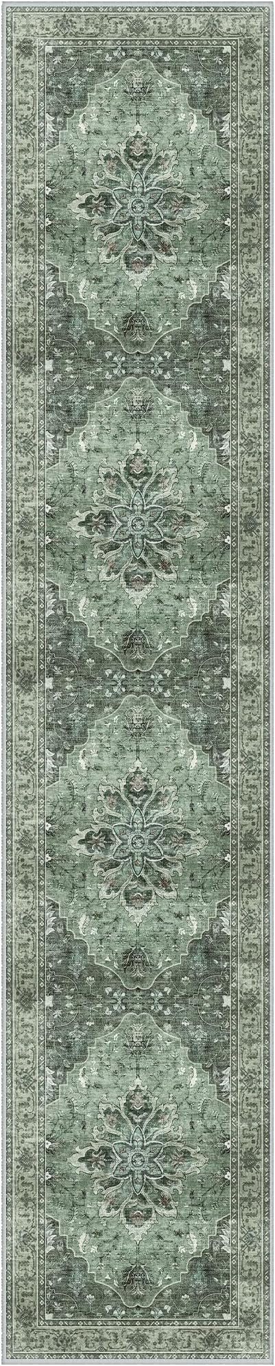 Area Rugs 2'6''x12' Washable Non-Slip, Floral Vintage Distress Print Pattern Medallion Carpet for Living Room Bedroom Dining Room, Dark Green Gray