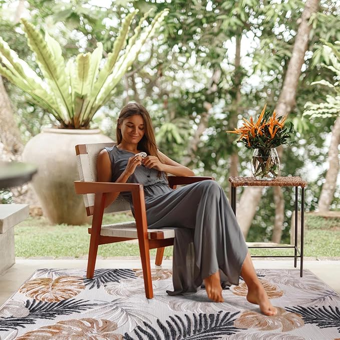 CAMILSON Indoor Outdoor Rug, Yellow 9’x12’ Leaf Tropical Botanical Area Rugs for Indoor and Outdoor patios, Easy-Cleaning Non-Shedding Living Room, Garden and Kitchen Washable Outside Carpet (9x12)