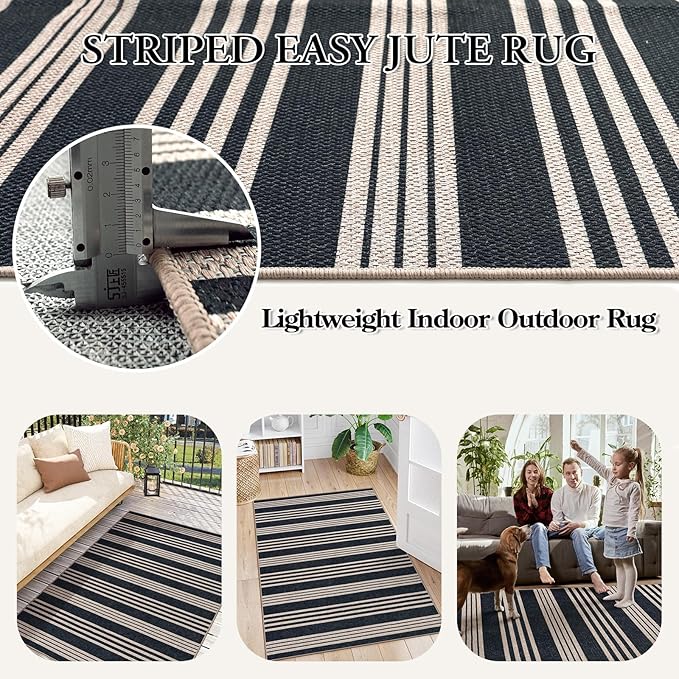 Lahome Striped Easy Jute Washable Rug, 3x5 Outdoor Porch Patio Entryway Rug Indoor Outdoor Carpet for Living Room, Farmhouse Neutral Non Slip Black Carpet for Backyard Bedroom Kitchen